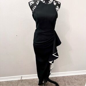 Xscape Women’s Halter Contrast Side Ruffle Black White Gown Formal Dress Size 4